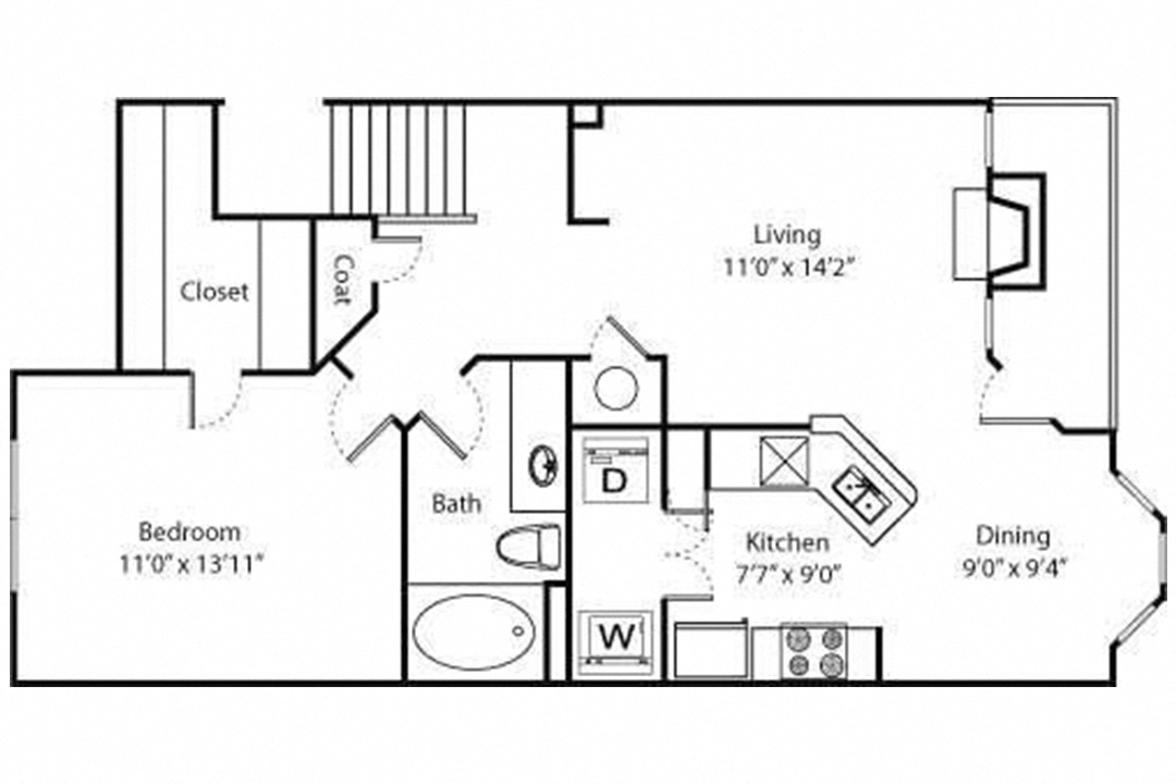 Floor plan for 1 bed, 1 bath, 822 sqft